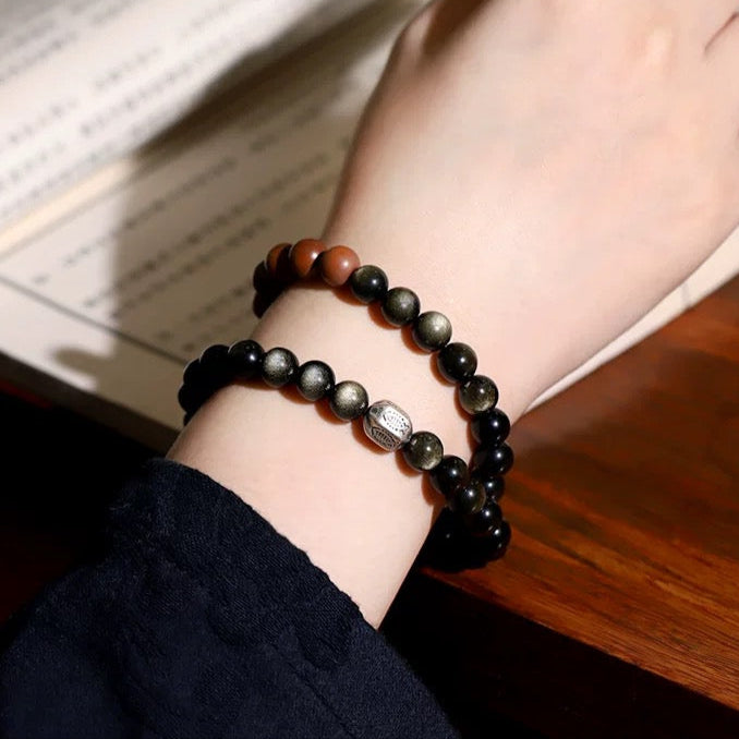 Double-Layer Black Obsidian & Sandalwood Bracelet