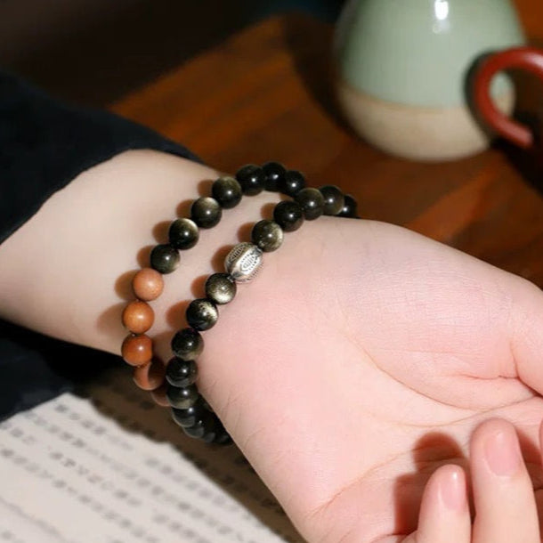 Double-Layer Black Obsidian & Sandalwood Bracelet