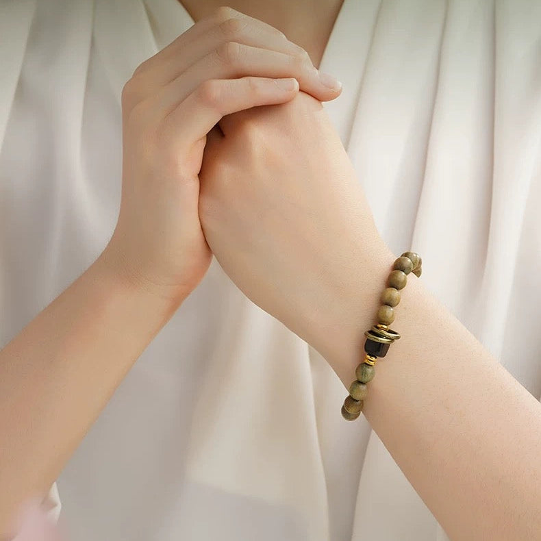 Green & Black Sandalwood Bracelet with Copper Rings