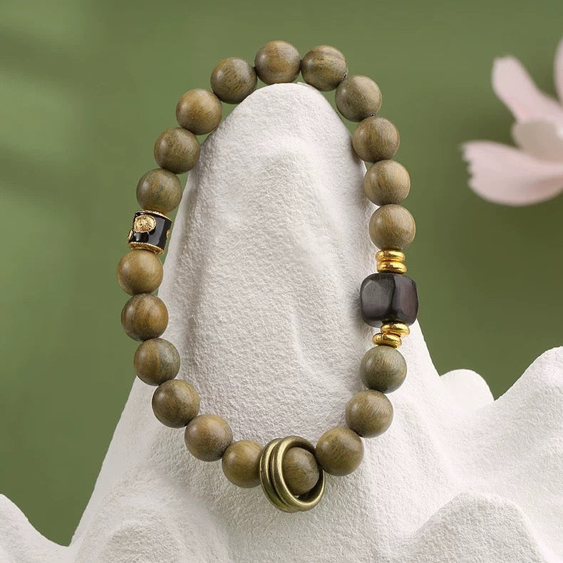 Green & Black Sandalwood Bracelet with Copper Rings