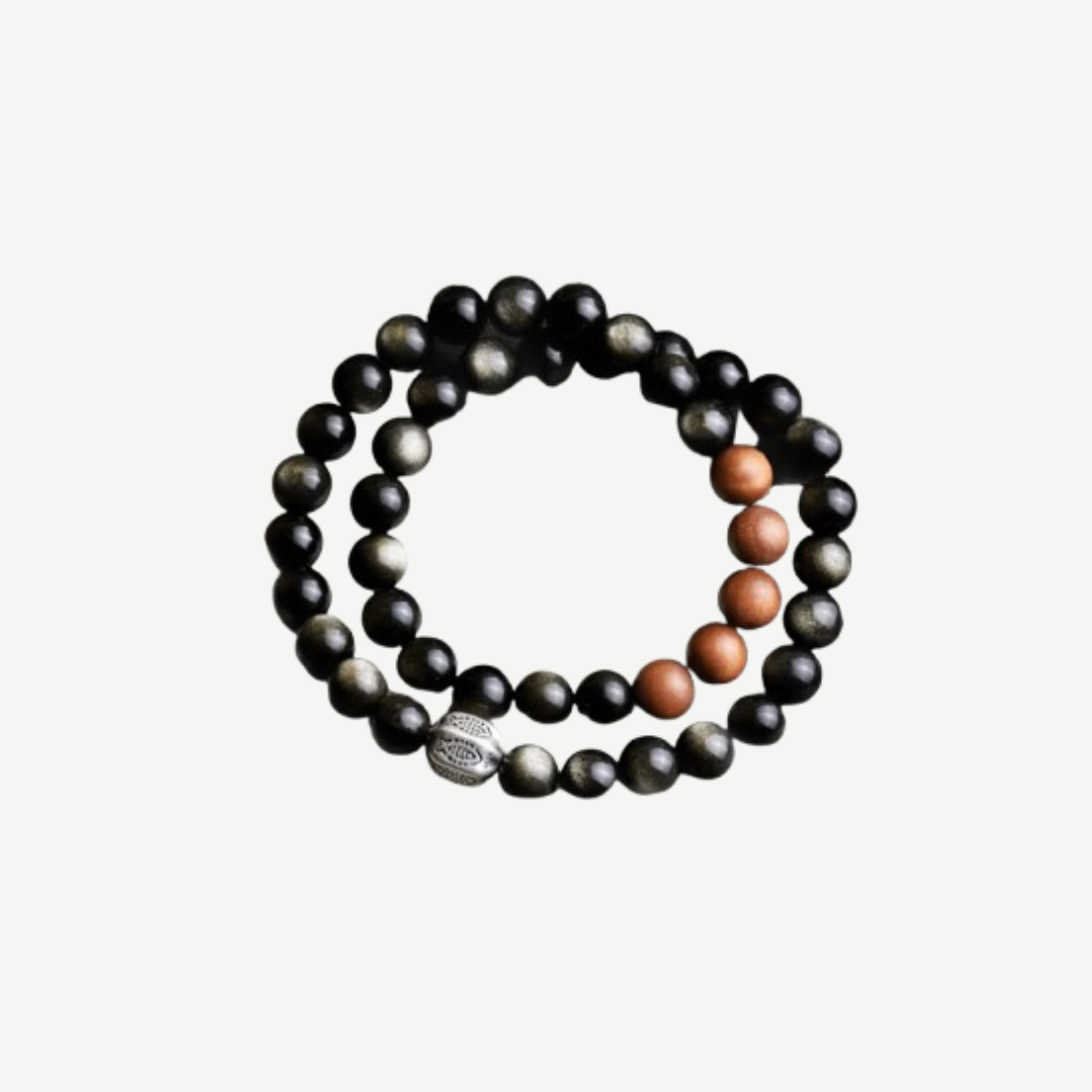 Double-Layer Black Obsidian & Sandalwood Bracelet