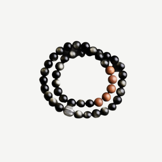 Double-Layer Black Obsidian & Sandalwood Bracelet
