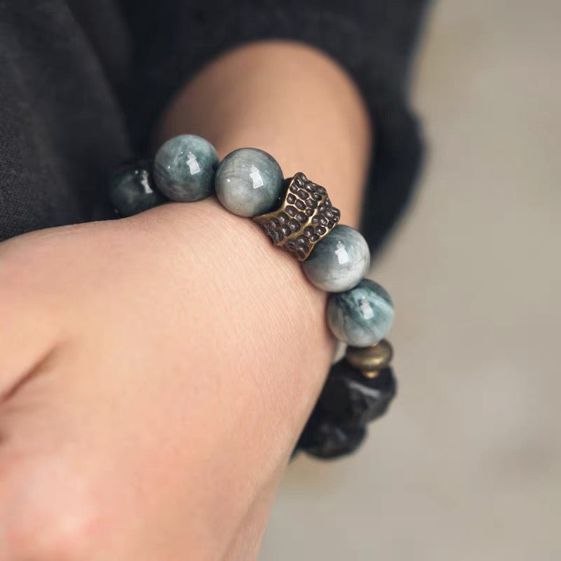 Ebony Wood & Hawk's Eye with Brass Accent Bracelet : - Seekcase