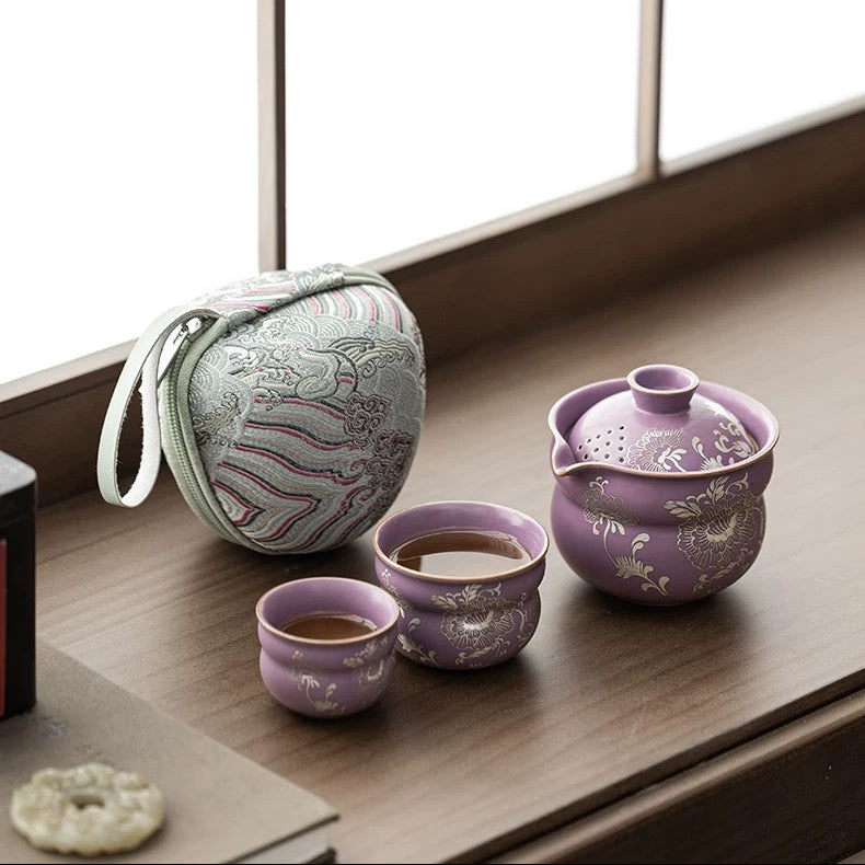Purple Peony Travel Tea Set